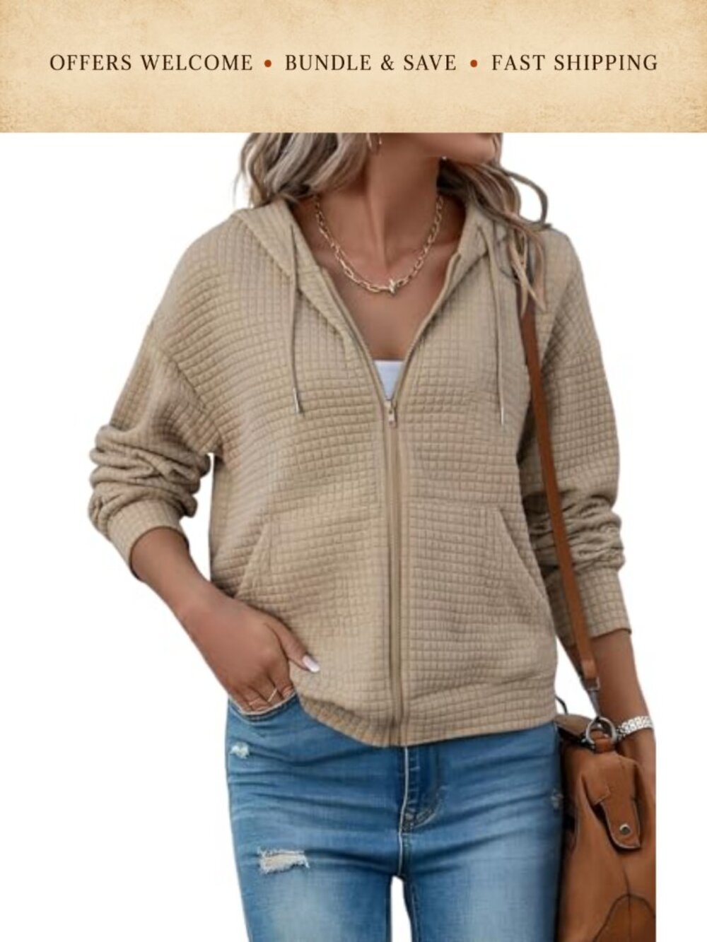 Womens Zip Up Hoodie Oversized Waffle Knit Sweatshirt